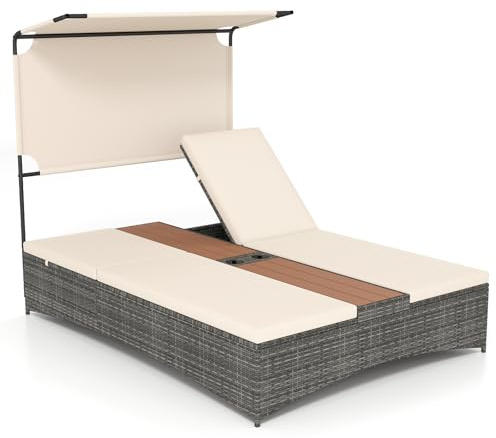 COSTWAY Sonnenliege 2 Personen, Rattan Doppelliege mit Dach, verstellbaren Rückenlehnen, Auflage, mittlerem Tisch & Getränkehaltern, Doppel Gartenliege, Sonnenbett, Loungebett für Garten (Beige)