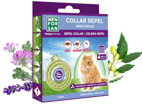 MENFORSAN Collar Antiparasitos Para Gatos Con Ingredientes Naturales Margosa, Geraniol Y Lavandino, Cítrica, Amarillo, 30 cm