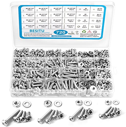 720Pcs Machine Screw Assortment Kit, #10-24#8-32#6-32#4-40 Phillips Pan Head Assorted Nuts Bolts and Flat Washers Kit, Stainless Steel Screws Hardware Assortment with Case