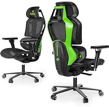 EUREKA ERGONOMIC Typhon Gaming Stuhl, Bürostuhl Ergonomisch mit Verstellbare Lendenwirbelstütze & Kopfstütze, PC Stuhl mit 4D-Armlehnen & Höhenverstellung, 125 kg Belastbar, Schwarz & Grün