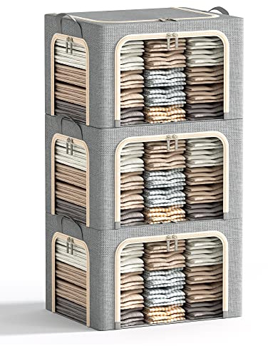 3 Opeings Large Clothes Storage Bins with Metal Frame, Foldable Storage Bin for Clothes, Clothing Storage Bins with Lid, Linen Storage Box With Clear Window＆ Zippers＆ Handles.(3 Pcs,Light Grey,66L)