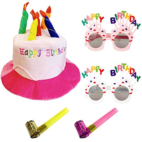 LSYYSL 1 Happy Birthday Hut mit 2 Geburtstagsgläsern und 2 Partypfeifen, mehrfarbige Kerzenhüte, Geburtstags-Plüschhut für Erwachsene zum Anziehen, Geburtstagsfeier, Sammeln