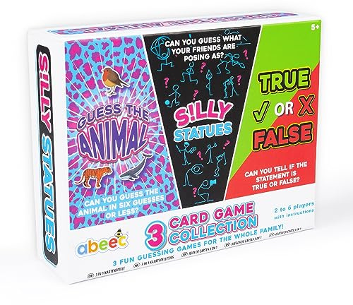Abeec Family Card Games Collection - True or False, Guess The Animal and Silly Statues - Fun Games for Camping and Kids
