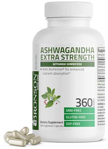 Bronson Ashwagandha Extra Strength Stress & Mood Support with BioPerine - Non GMO Formula, 360 Vegetarian Capsules