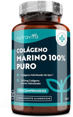 100% Colageno Marino Hidrolizado Puro 12000 mg, 120 comprimidos para 2 meses Colágeno Hidrolizado Marino de Typo I, Peptidos de Collageno - Marine Collagen de Nutravita