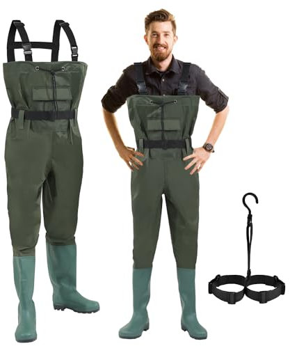 Hebitod Wathose Herren Damen Anglerhose, 70 Denier Nylon, PVC Angelhose, wasserdichte Fischteichhose mit Gummistiefeln, Bund, Taschen und Haken, für Baustellen, Angeln, Bauernhöfe, Gärten