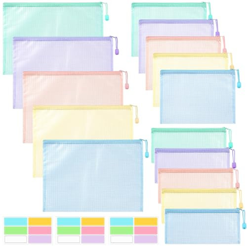 15 Stück Dokumententasche A4+A5+A6, Wasserdichte Mesh Dokumentenmappe mit Reißverschluss & Aufklebern für Dokumente, Papier, Kosmetika, Quittung Papier Prüfungsblatt, 5 Farben