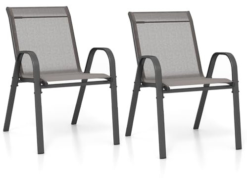 KOMFOTTEU Set di 2/4 Sedie da Giardino, Sedie Impilabili da Esterno in Tessuto con Telaio in Metallo, Poltrona da Balcone con Braccioli e Schienale Alto, per Sala da Pranzo, Carico 150 kg (Grigio*2)
