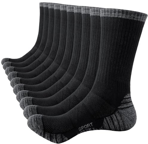 SockWaddles Men's Cushioned Sport Socks - Anti Blister, Wicking, Breathable Cotton - Unisex Crew Padded Athletic Socks for Walking, Hiking, Work, Running, Trainer, Gym, Outdoor - 5 Pairs Black 9-11