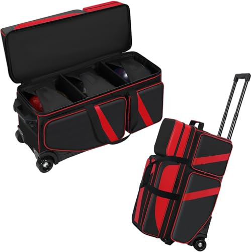 Aleemin Bowlingtasche mit 3 Bällen und Rollen, Rolltasche mit Schuhfach (passend für bis Größe 44), Bowlingtasche mit 3 Kugelrollen mit einziehbarem Griff, ausziehbar auf 105,4 cm, Rot