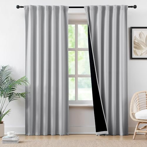 Abstractex Grey Full Blackout Curtains 72 Inch Drop for Bedroom, Back Tab Pleated Curtain for Living Room Rod Pocket Light Blocking Thermal Insulated Drapes Window Treatment 2 Panels, W52 x L72