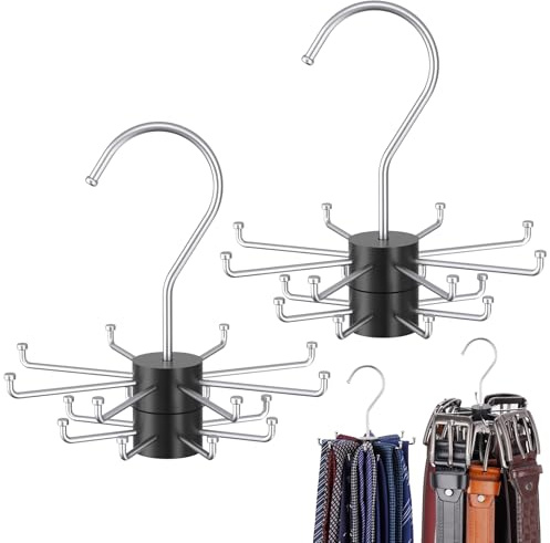 NiHome 2-Pack Double-Layer Rotating Belt Hangers for Closet, 2-Tier Rotatable Belt Organizer, 16 Hooks w/Solid Wood 360° Swivel Belts Tie Organizer, Space-Saving Storage Rack for Scarves Bras Purses