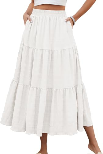 HUSKARY Boho Maxi Skirts for Women Trendy Summer 2025 Elegant Tiered Midi Skirts Loose Flowy Long Skirt,White,X-Small