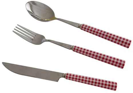POPETPOP Cubiertos Estilo Francés Con Mango Cerámico Rojo Cuadros Cuchillo Para Steak y Tenedor Ergonómicos Antideslizantes Para Uso Práctico Cocina y Mesa Diaria