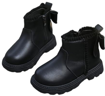 Girls Ankle High Boots Kids Cute Bow Tie Designed Side Zipper Fleece Lined School Shoes Pull Tab Waterproof Walking Combat Shoes 1-8 Years