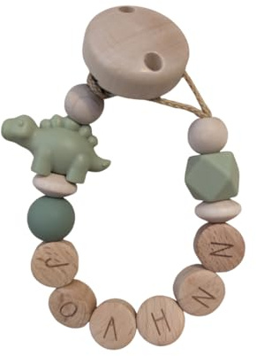 Schnullerband mit Namen personalisiert, handgemacht, Baby Geschenk zur Geburt & Taufe, individuelles Geschenk zur Geburt & Taufe, Schnulliband, Nuckikette, Schnullerkette Dino