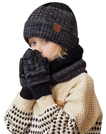 Generisch Ensemble d'hiver chaud pour enfants jusqu'à 10 ans - Bonnet tricoté en laine avec écharpe assortie et gants en triangle, Noir , taille unique