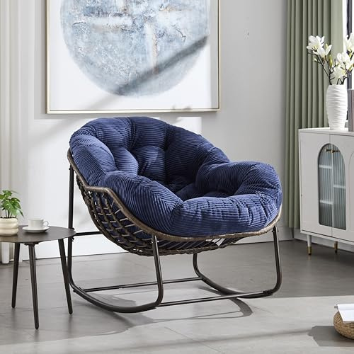 Zenithz Sedia a dondolo XXL in rattan per esterni, colore blu scuro, extra larga (111 cm), con cuscino, resistente alle intemperie, per giardino, terrazza e balcone, struttura in acciaio, blu navy
