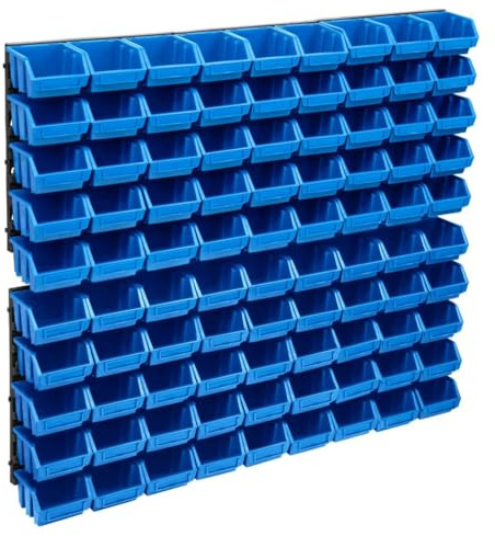 FWIKDUN Set organizzatore per garage e officina con 96 contenitori e 6 pannelli a parete e 90 scatole impilabili come sistema di archiviazione per piccoli oggetti con scrivibile