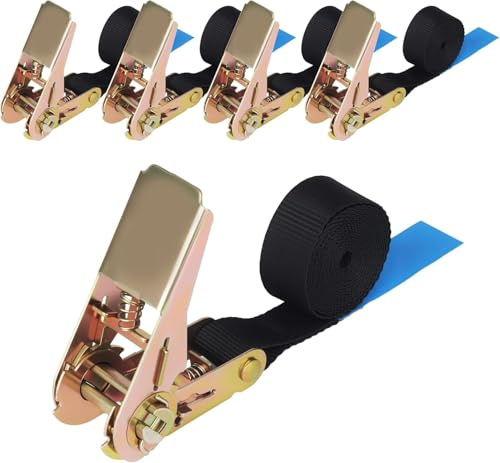 5 stycken spännremmar med spärrrem, spännband, svart spännremmar 25 mm x 2 m med 800 kg lastkapacitet justerbar spärrremsats, lämplig för att säkra bilar, släpvagnar och cykelladdning, enligt DIN EN