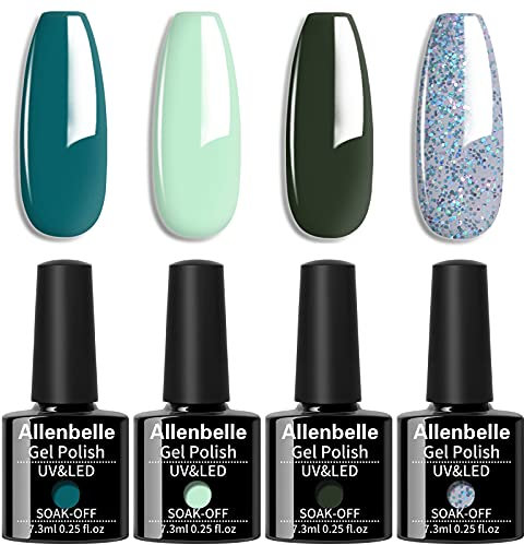 Allenbelle Nagellack, semi-permanent, Gel, UV, LED, Nagelgel, Varnish, Nail Art, Soak Off, Maniküre (7,3 ml/Stück, 4 Stück) (009)