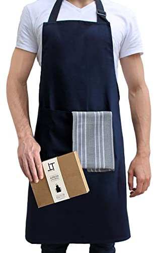 Hochwertige Küchen-Kochschürze mit großer Tasche, stilvolles Unisex-Design für Männer und Frauen, 100 % Baumwollstoff zum Grillen, Grillen und Backen, inklusive Küchenhandtuch.