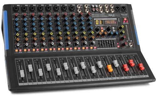 Pyle 12-Channel Console Style Audio Mixer with Bluetooth - DJ Sound Controller, 8 XLR / Combo Inputs, Sub Out, +48V Phantom, USB-A In, 16 DSP Effects, MP3 Player, 7-Band EQ - PMXU128BT