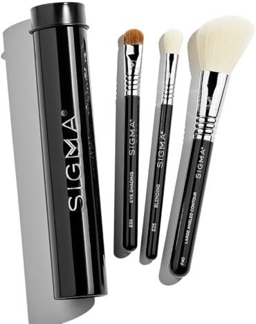 Sigma Beauty Travel Essential Trio – Lot de 3 pinceaux de maquillage pour fond de teint, poudre, fard à paupières, avec support en étain, sans danger pour la peau, pinceaux de maquillage végétaliens