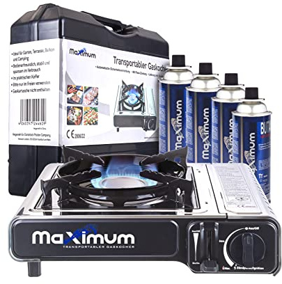 MaXimum Premium Edelstahl Gaskocher mit Tragekoffer + 4 MaXimum Gas Kartuschen