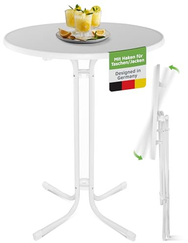 BeFair Stehtisch Klappbar Weiß, 70 cm Rund, Nico - Stabiler Klapptisch in Höhe 110 cm mit 4 praktischen Haken für Jacken oder Handtaschen - Wetterbeständig, mit kratzfester Tischplatte