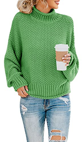 Saodimallsu, Maglione da Donna con Collo Alto, Oversize, a Pipistrello, a Maniche Lunghe, in Morbido Maglione a Maglia Grossa, Casual, Verde Chiaro, M