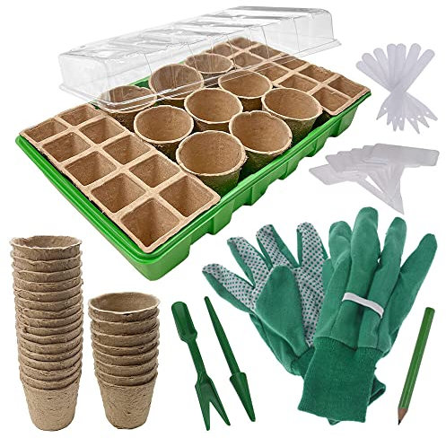 Murago - Zimmergewächshaus Set 68-teilig - Anzucht Geschenkset Schalen mit Deckel Indoor Anzuchttöpfe Anzuchtplatte Pflanzenschilder Gartenhandschuhe
