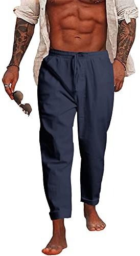 NANAMEEI Men's Cotton Linen Pants Jogging Yoga Beach Pants with Pockets Navy L