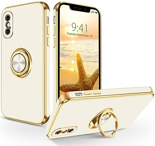 SouliGo iPhone XS Hülle, iPhone X/XS Handyhülle Slim weiche TPU Case mit 360 Grad Ring Halter Ständer stabil Kratzfest Hülle für iPhone X/XS 5.8 Zoll Weiß Gold