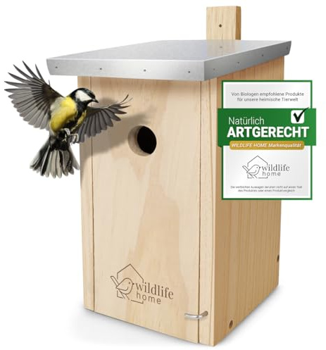 wildlife home Casetta per nidificazione con tetto in metallo per cincicipe di cavolo e Co. in legno massiccio avvitato, resistente alle intemperie e non trattata, per uccelli da appendere