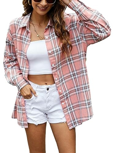 Zontroldy Camicie in Flanella Scozzese da Donna Oversize a Maniche Lunghe abbottonate Camicia a Quadri di Bufalo Top, Rosa, L
