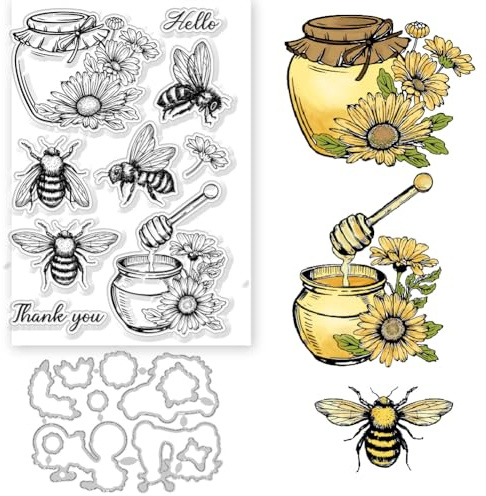 GLOBLELAND Blumen Biene Silikonstempel und Stanzformen Set Für Kartenherstellung Honiggläser Gänseblümchen Klare Stempel Und Stanzformen Set Für DIY Craft Scrapbooking Grußkartendekoration