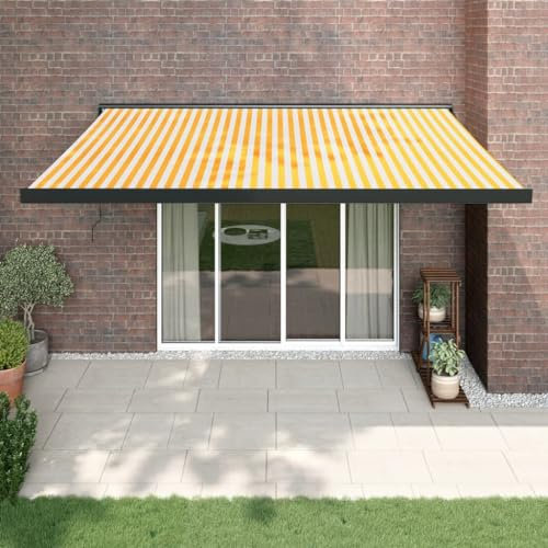 Mengtu Gelenkarmmarkise Einziehbare Markise Sonnenmarkise Balkonmarkise Terrassenmarkise Wandmontage Sonnenschutz Markise für Gelb und Weiß 4,5x3 m Stoff und Aluminium Garten Möbel