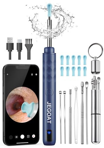 JEGOAT Herramienta de eliminación de cera de oído, limpiador de oídos con cámara, kit de limpieza de oídos 1296P HD, 6 luces LED y 12 púas de oído, eliminación de cera de oídos con otoscopio para