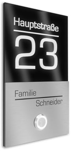 Graviers Design V2A Edelstahl Türklingel mit Hausnummer Namen Straße Gravur - Klingelschild 110x180mm LED-Taster Klingelplatte modernes Design aus Edelstahl Acryl Schwarz
