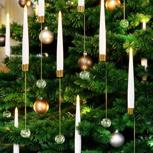 Christmas Tree Candles with Remote, 12 Pack Battery Operated Christmas Candles, LED Candlesticks for Xmas Tree Decoration, Flickering Flameless Candle for Home, Party Decor with Crystal Ball Hooks