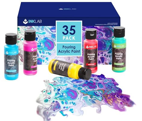 INK LAB Acrylic Pouring Paint Kit 35 Colors Pre Mixed Acrylic Paint High Flow with Silicone Oil for Pouring on Canvas Wood Crafts Rocks, Water Based, 2 Oz/Bottle