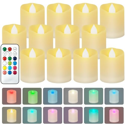 LDUMODUW 12 bougies LED avec minuteur, fausse bougie chauffe-plat LED avec télécommande, minuterie 4H/8H, bougies électriques multicolores pour Halloween, Noël, décoration de mariage, fête