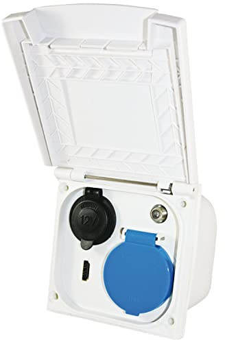 Multifunktionellt utomhusuttag vitt glänsande – 220 V-240 V Schuko, HDMI, 12 V-10 A, sat-anslutning, IP44, UV-beständig, väderbeständig, skumgummitätning, högsta kvalitet, ny design
