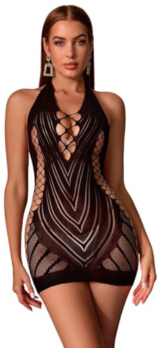 OXDOHUE Lingerie résille Sexy pour Femme - Tenue Moulante - Longue Robe Tubulaire - Col Rond Robe Maxi - Noir