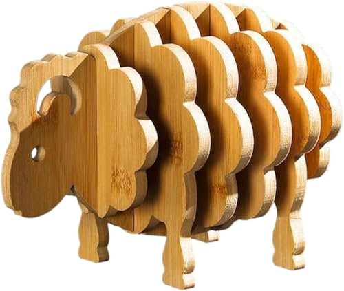 Hunmor Untersetzer Holz, Bambus Untersetzer, Holzuntersetzer Rund Kreative Schafe Coasters, Untersetzer Tischdeko für Teekanne Pfannen Schüssel