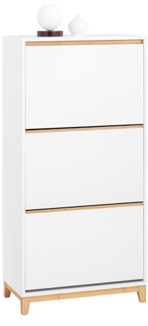 SoBuy Schuhschrank schmal mit 3 Klappen - platzsparender Schuhkipper für 12 Paar Schuhe, modernes Schuhregal für Flur, Weiß-Natur, B60 x H122 x T34cm - FSR192-WN