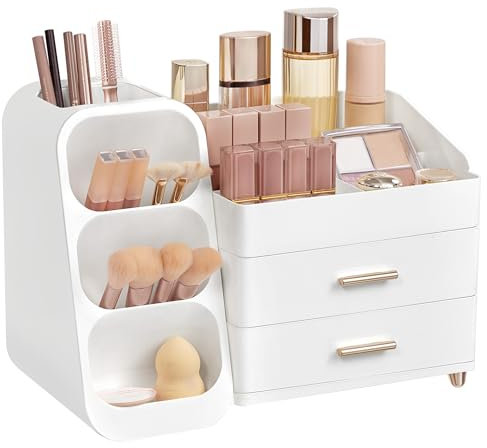 HBlife Makeup Kosmetik Organizer mit Schubladen, Pinsel Organizer, 3-in-1 Plastic Kosmetik Aufbewahrungsbox, Schmink Aufbewahrungskasten Große Lagerung Weiß