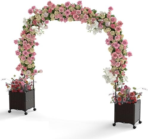 TANGZON Metal Garden Arbor with 2 Planters, Self-Watering Lawn Terrance Patio Trellis Pergola, Outdoor Rose Vines Climbing Support Arbor Archway with Arch Trellis for Wedding Party (288 x 40 x 200 cm)