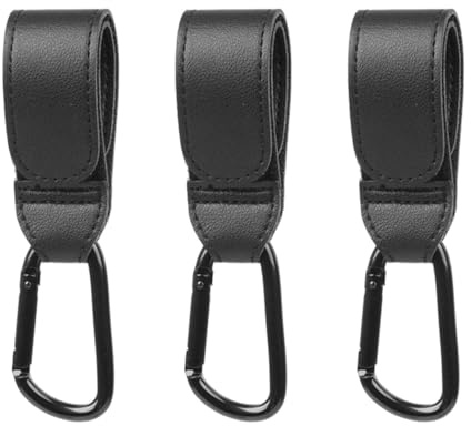 SYEYCW 3 Stück Kinderwagen Haken für Taschen, Schwarz Robuste Taschenhalter, Anhänger für Kinderwagen in Universelle Passform, Kinderwagenhaken für Wickeltaschen, Leder Kinderwagenhaken